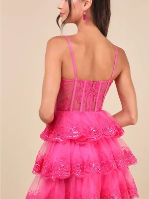 NWT Lulus Exquisite Drama Hot Pink Embroidered Sequin Tiered Mini Dress Size Med thumbnail 3