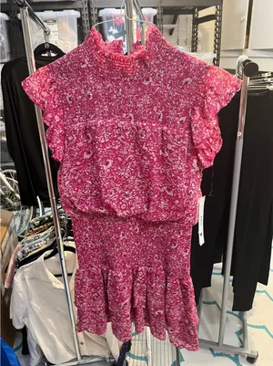 NEW AQUA Pink Floral Smocked Mock‎ Neck Metallic Mini Dress Small IDK7297 thumbnail 1