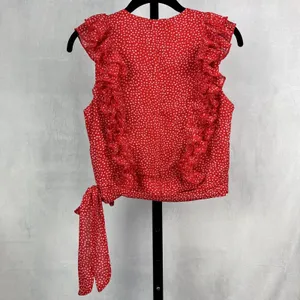 Sugar+Lips Top Womens Small Red Polka Dot Ruffle Crop Zip Up Tie Waist Blouse thumbnail 2