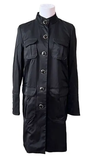 Dana Buchman‎ Black Trench Coat Zebra Lining Mandarin Collar sz XS Weathergear thumbnail 1