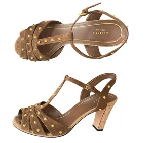 Gucci Women’s Jacquelyne Brown Suede Gold Studded Cork Block Heels Size 39 thumbnail 1