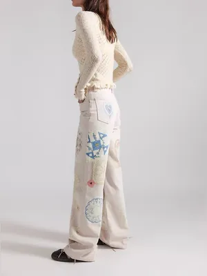 NWOT Free People We The Free Tinsley Printed Jeans Illusions Heirloom Ivory - 26 thumbnail 5