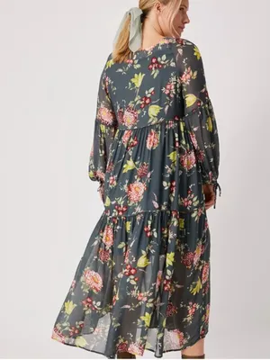 Anthropologie Women’s Evelin Square Neck Floral 3/4 Length Sleeve Maxi Dress S thumbnail 5