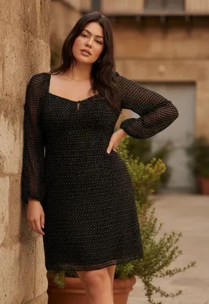 Du Paradis Black Velvet Dot Sheer Sleeve Square Neck Party Dress Size M thumbnail 1