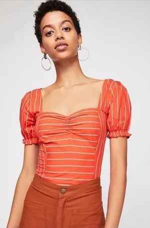 Free People Orange Striped Puff-Sleeve Square-Neck Crop Top thumbnail 1