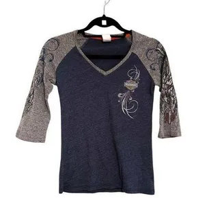 Harley-Davidson Rhinestone Logo Raglan Top Small Gray Blue Biker Tee thumbnail 1