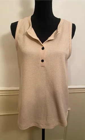 Sleeveless Cream Waffle Knit Henley Tank Top - Classic Neutral Style thumbnail 1