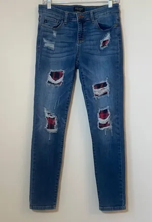 Judy Blue Size 9/29 Buffalo Plaid Patch Skinny Blue Ripped Denim Jeans JB8268DK thumbnail 1