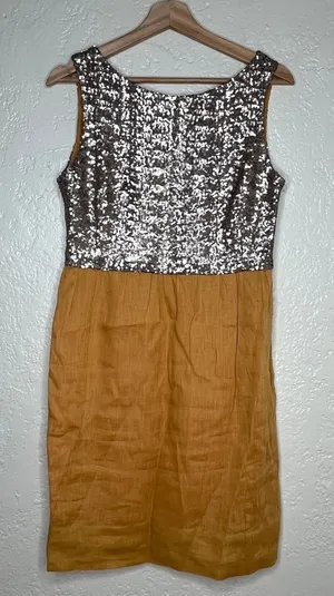 Zyga Lin'n Laundry Sequin Linen Dress Mustard Yellow Gold Sleeveless Sheath 38 S thumbnail 1