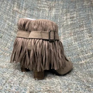 Qupid Women Almond Toe Belted Fringe Ankle Bootie in Taupe thumbnail 4
