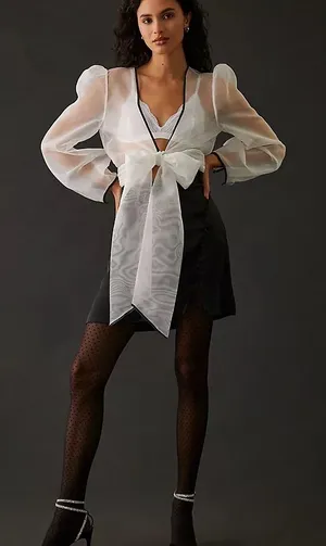 Anthropologie Maeve Sheer Bow Tie Long Sleeve Blouse Women’s Large White thumbnail 1