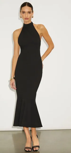 NEW Lulus Chic Masterpiece Black Backless Trumpet Hem Midi Dress Size M LBD Glam thumbnail 1