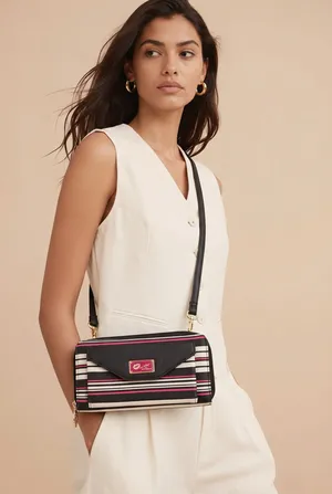Betsey Johnson Black, White & Pink Striped Crossbody Wallet thumbnail 1