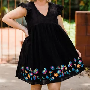 Black Eyelet Babydoll Embroidered Floral Mini Dress Size M Empire Waist Folk thumbnail 1