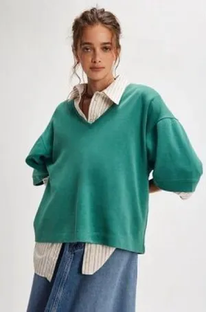 NEW! We the Free People TELL ME WHY TEE Green V-Neck Relaxed Boxy Pullover M thumbnail 1