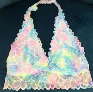 Women’s VS Pink Lined Lace Pastel Floral Print Halter Bralette thumbnail 1