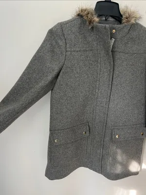 J.Crew Mercantile Gray Wool Blend Faux Fur Hooded Coat Jacket Size 10 ©️ thumbnail 2