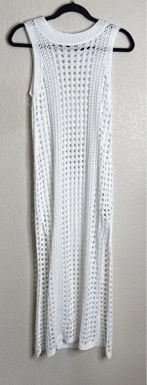 Zaful Womens XL White Crochet Cowl Neck Cover Up Maxi Dress‎ High Slit Beach thumbnail 1