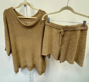 Cozy Casual Knit 2 Piece Lounge Set Camel Brown Sweater and Shorts SU1486V Large thumbnail 1