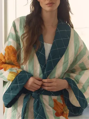 Missing Belt Anthropologie Nay Bellamy x LyreBird Quilted Printed Flannel Robe thumbnail 3