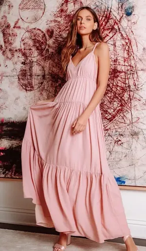 Lulu’s Sunshine Bound Mauve Blush Pink Tiered Tie Braid Maxi Dress Small Wedding thumbnail 1
