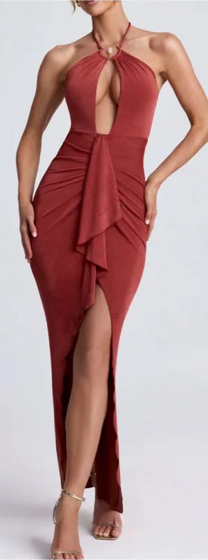 Oh Polly Margot Hardware Detail Cut-Out Halterneck Maxi Dress Auburn Brown thumbnail 1