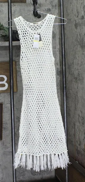 Miken Juniors Mesh Fringe-Hem Tank Cover Up ID012 Ivory Off White M thumbnail 1
