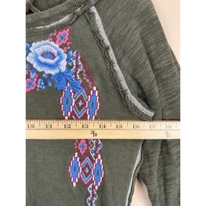 Paparazzi Women's Size M Green Floral Embroidered Top Long Sleeve Stretch Boho thumbnail 10