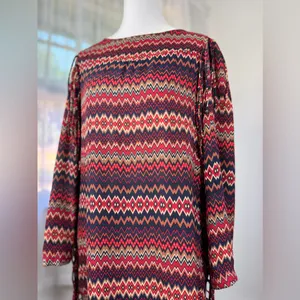 Zara Multicolored Zigzag Print Fringed Long Sleeve Midi Dress thumbnail 4