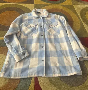 HFX Costo Shacket Shirt Jacket Plaid Flannel Light Blue White Women’s Size Small thumbnail 1