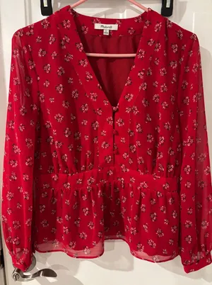 Madewell Floral Print‎ Peplum Top Blouse V-Neck Long Sleeve Red Small thumbnail 1