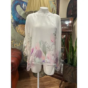 Viola Borghi Italy 100% Silk Floral Boho Kimono Blouse Top White Pink L Large thumbnail 3