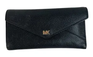 MICHAEL‎ KORS Envelope Wallet Large Black Pebble Leather Tri-Fold Gold Tone Logo thumbnail 1
