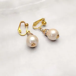 Vintage Clip On Earrings Rich Gold Tone Clear Gems, Faux Pearl Dangle Drop thumbnail 2