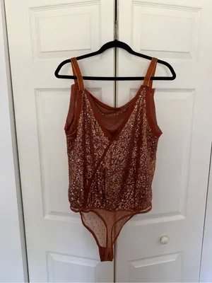 NWT Free People Shimmer & Shine Bodysuit in Sunset Orange Brown Sequins Size XL thumbnail 7