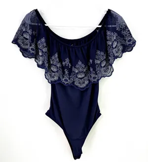 Alya Boutique Blue White Embroidered Scalloped Off Shoulder Blouse Bodysuit thumbnail 1