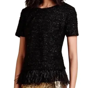 Ann Taylor Black Sequin Short Sleeve Feather Trim Round Neck Shirt Top Size XS thumbnail 2