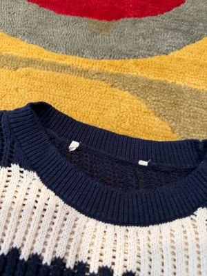 LOFT Navy Cream Striped Crewneck Sweater Open Knit 100% Cotton Women’s Size XS thumbnail 2