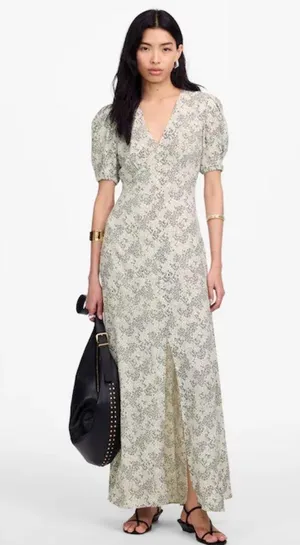 Madewell Puff-Sleeve V-Neck Midi Dress in Floral Size 4 thumbnail 1