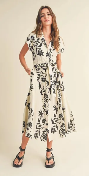 Miou Muse Beige/Black Floral Button-Front Collared Midi dress Size Medium thumbnail 1