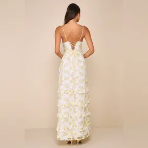 Lulus Gorgeous Occasion Cream Floral Burnout LaceUp Tiered Maxi Dress Size Small thumbnail 4