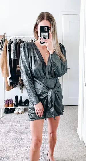 L'Academie The Dore Silver Front Tie Long Sleeve Mini Dress thumbnail 3