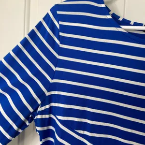 NWOT REPHYLLIS women’s blue white‎ striped bodycon stretch midi knee dress large thumbnail 3