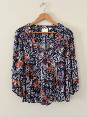 Anthropologie Maeve Cathy Pleated Blouse Boho Peasant Botanical Floral V-neck M thumbnail 4