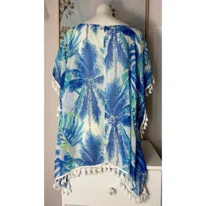 SHEIN Blue White Tropical Floral Sheer Tassel Beach Cover Up Size Large thumbnail 10