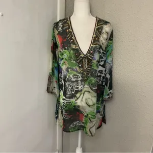 Solitaire Ravi Khosla Embellished V-Neck Caftan Swim Beach Coverup M Boho Print thumbnail 2