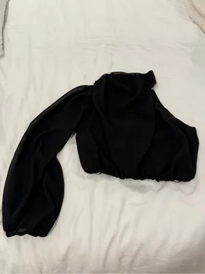 Hello Molly Black One-Shoulder Crop Top with Sheer Long Sleeve thumbnail 2