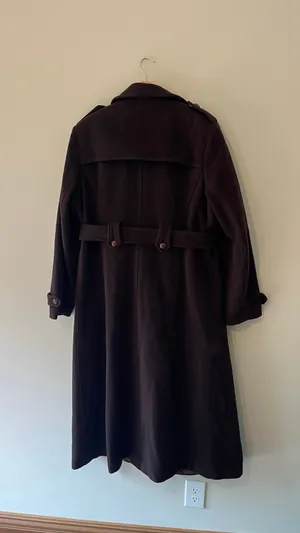 Vintage Oleg Cassini Dark Brown Wool Trench Coat Belted Double Breasted L 12 Y2 thumbnail 4
