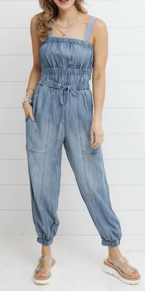 Elan Tenny The Tencel Jumpsuit Blue Women's Medium Pockets Drawstring thumbnail 1