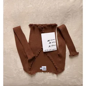 Princess Polly Ollie‎ Top XS/S Brown Ribbed Knit Cropped Cardigan Lettuce Hem thumbnail 3
